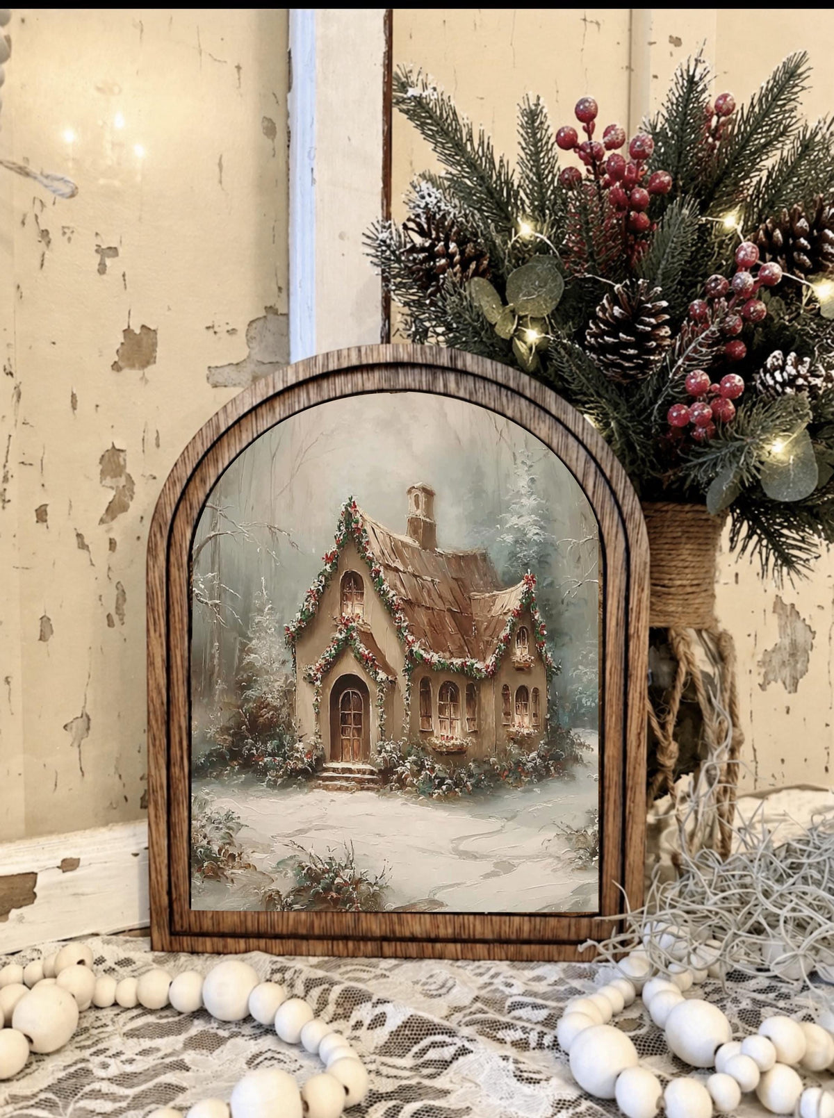 Wooden Arch Framed  Winter Village Scene Decor | Wood Frame Canvas Art | Holiday Home Table Top Accent | Christmas Themed Wall Hanging