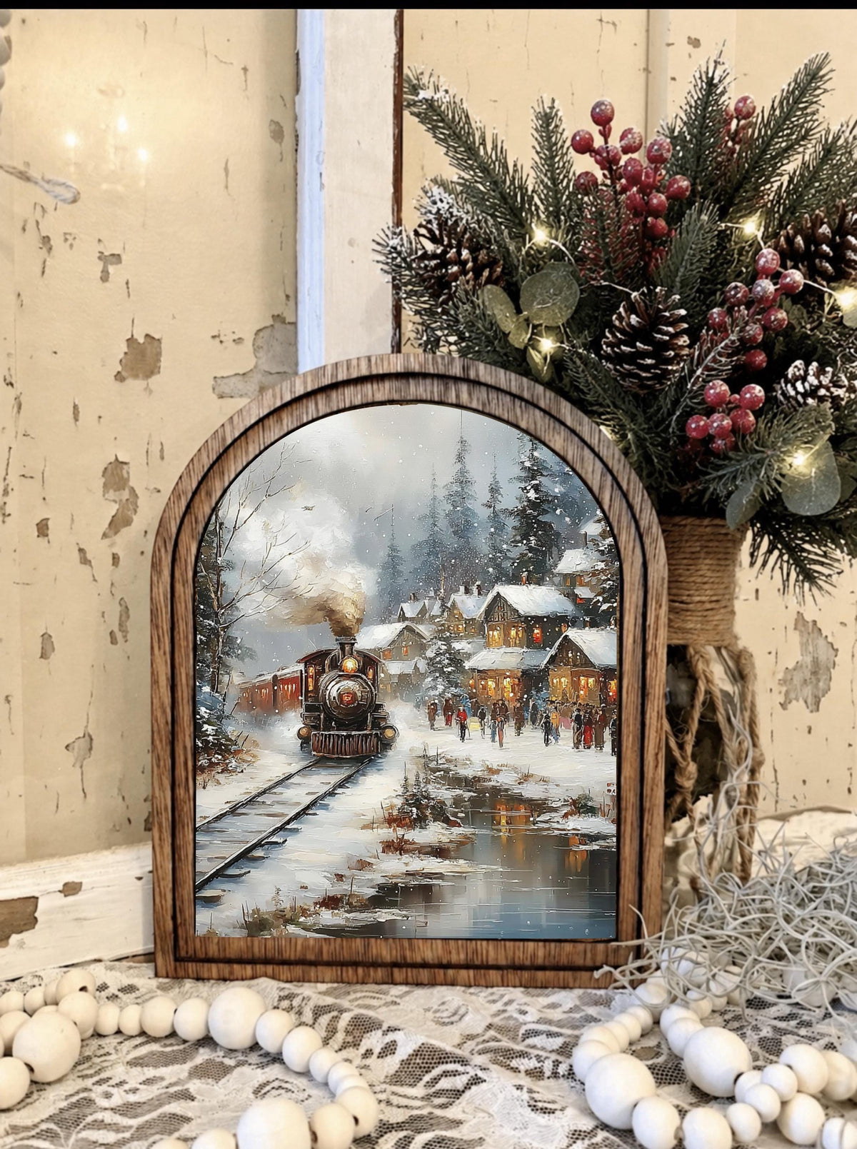 Wooden Arch Framed  Winter Train Station Scene Decor | Wood Frame Canvas Art | Holiday Home Table Top Accent | Christmas Themed Wall Hanging