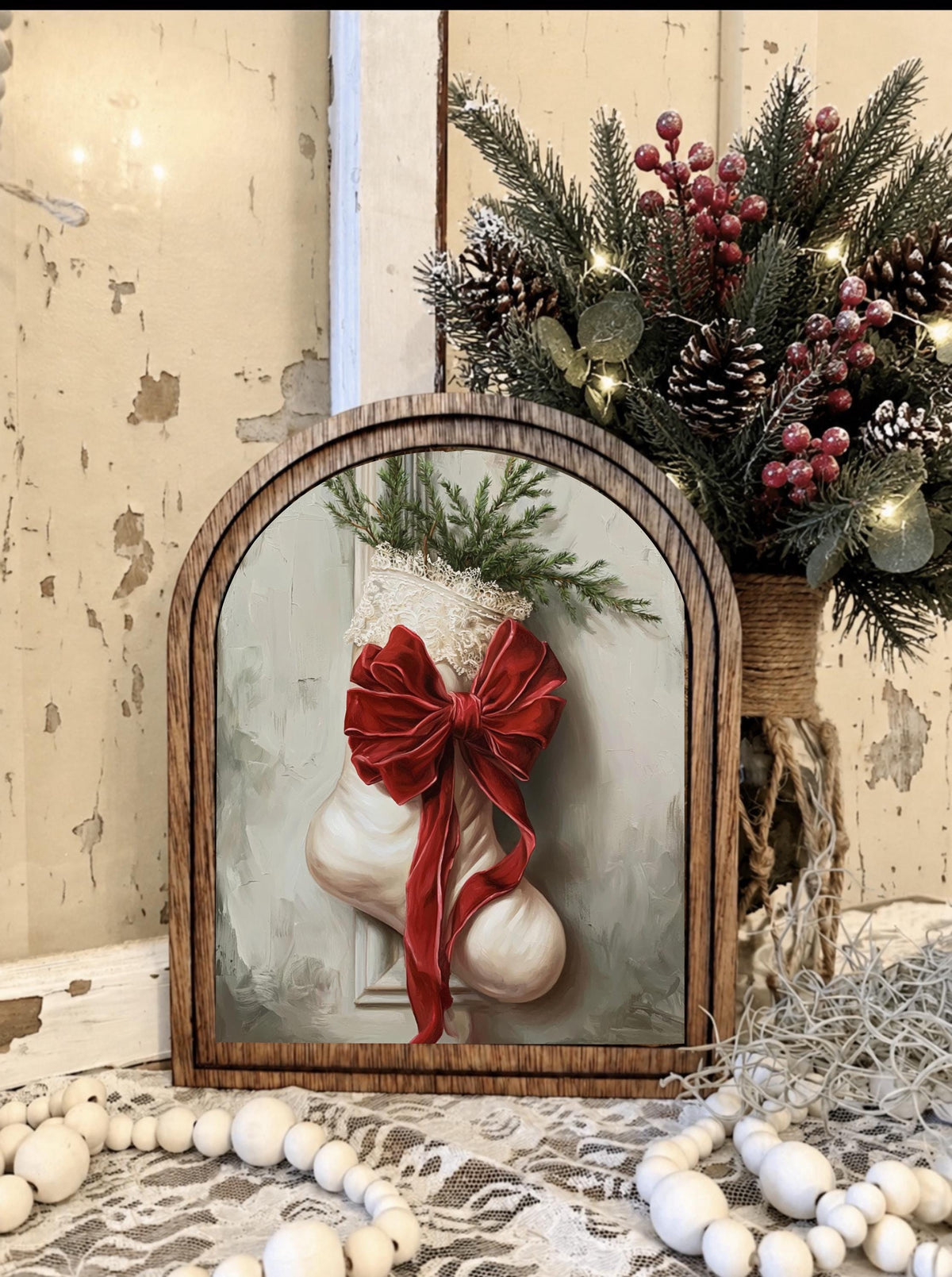 Wooden Arch Framed  Winter Stocking  Decor | Wood Frame Canvas Art | Holiday Home Table Top Accent | Christmas Themed Wall Hanging