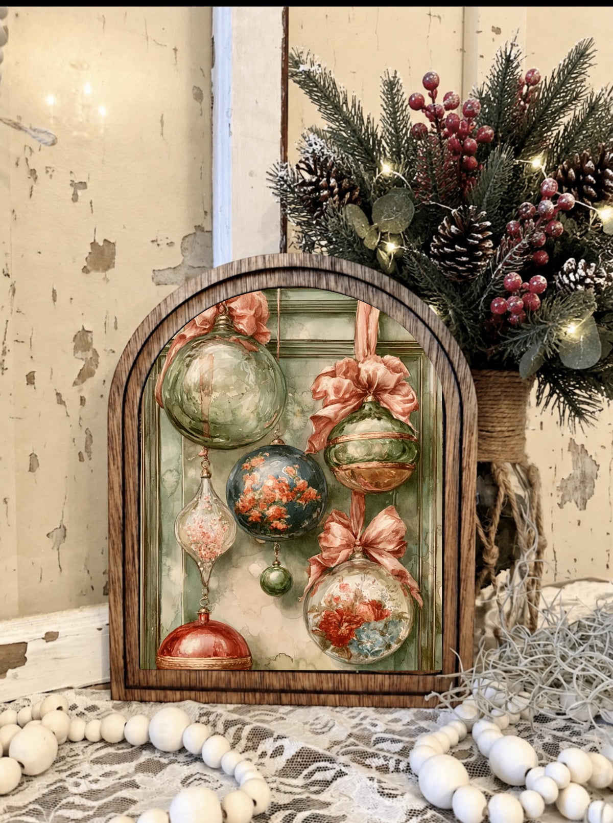 Wooden Arch Framed  Winter Ornaments Decor | Wood Frame Canvas Art | Holiday Home Table Top Accent | Christmas Baubles Themed Wall Hanging