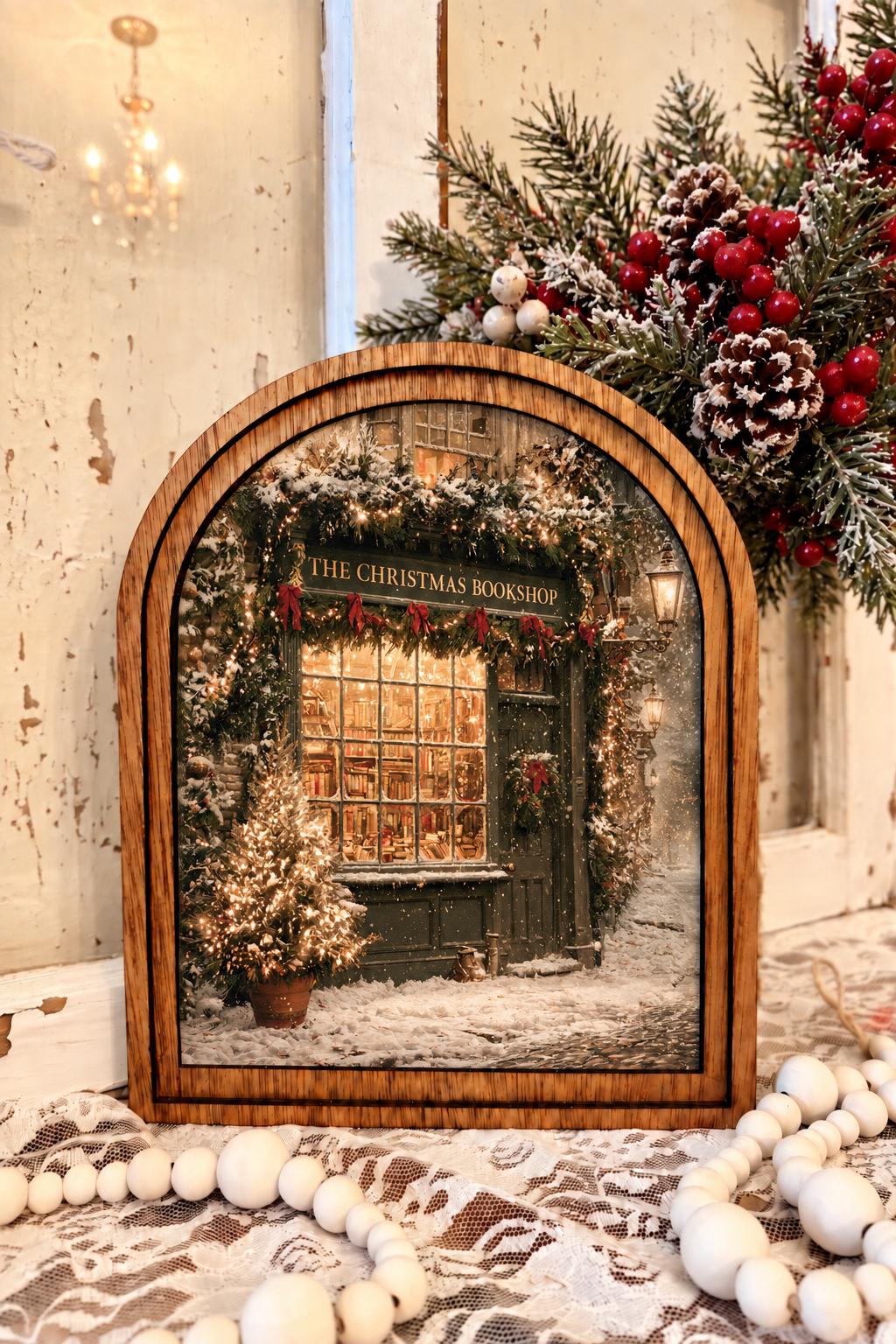 Wooden Arch Framed  Winter Bookstore Decor | Wood Frame Canvas Art | Holiday Home Table Top Accent | Christmas Themed Wall Hanging