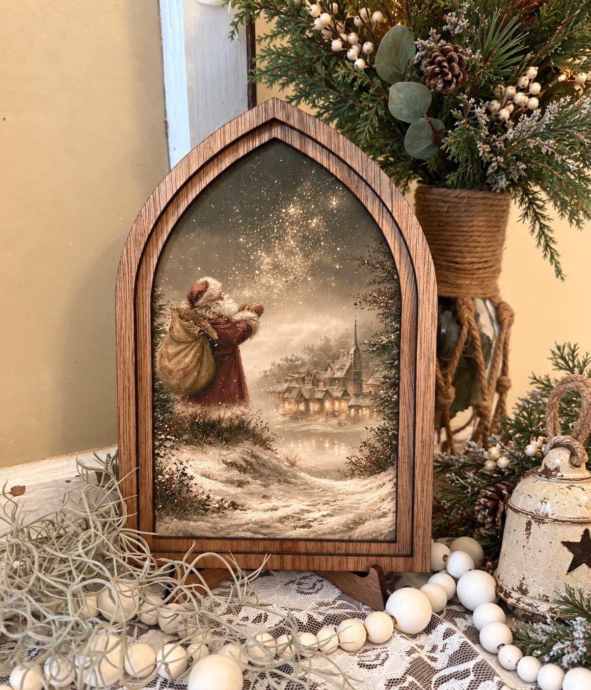 Wooden Arch Framed Magical Santa Decor | Wood Frame Canvas Art | Holiday Home Table Top Accent | Christmas Themed Wall Hanging