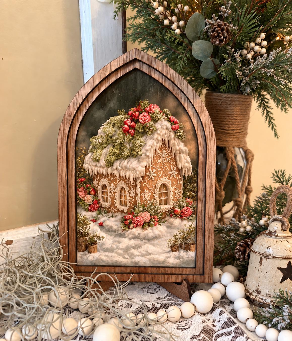 Wooden Arch Framed Whimsical Gingerbread Decor | Wood Frame Canvas Art | Holiday Home Table Top Accent | Christmas Themed Wall Hanging