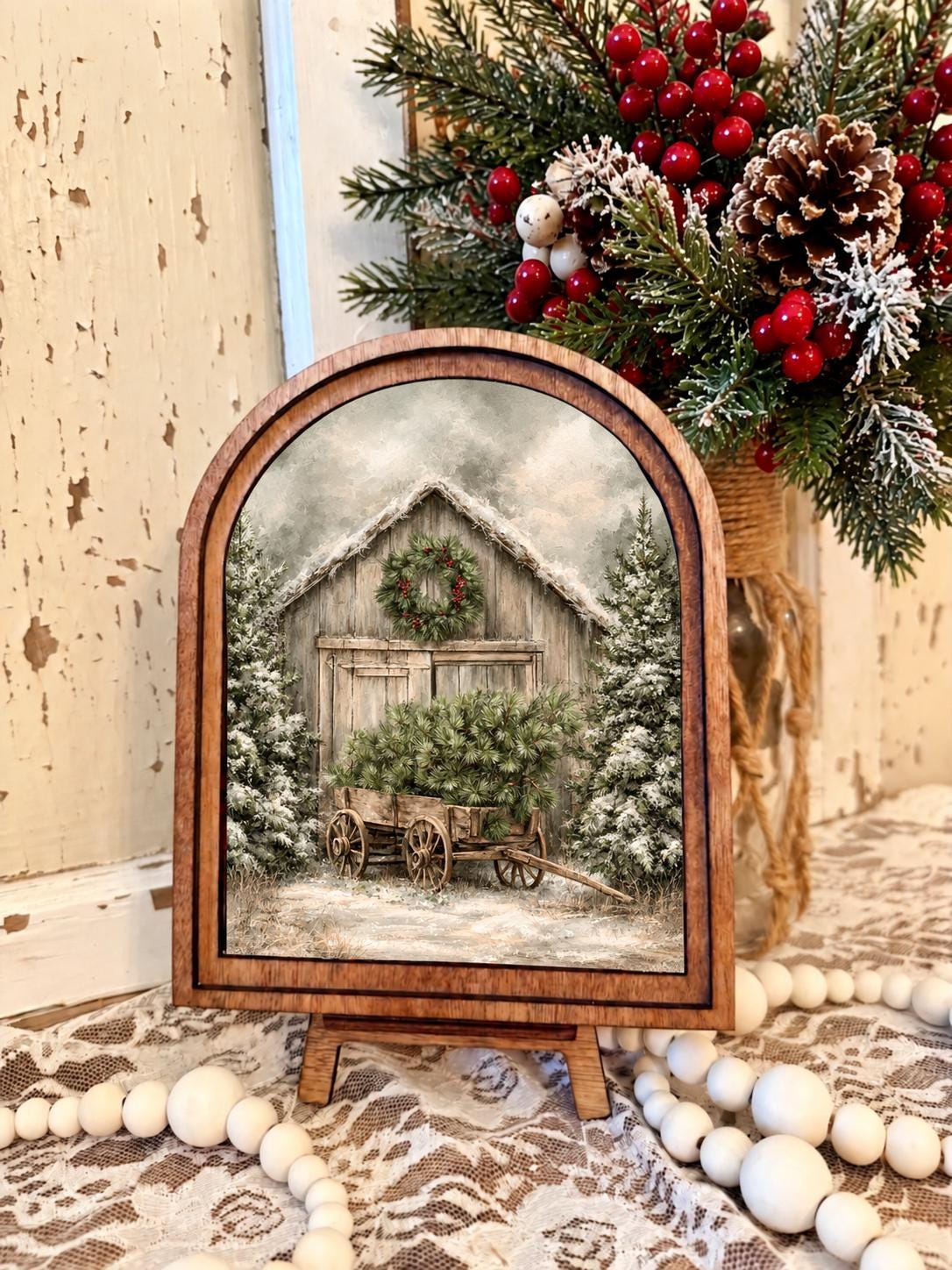 Wooden Arch Framed Farm Winter Scene Decor | Wood Frame Canvas Art | Holiday Home Accent | Christmas Themed Wall Hanging