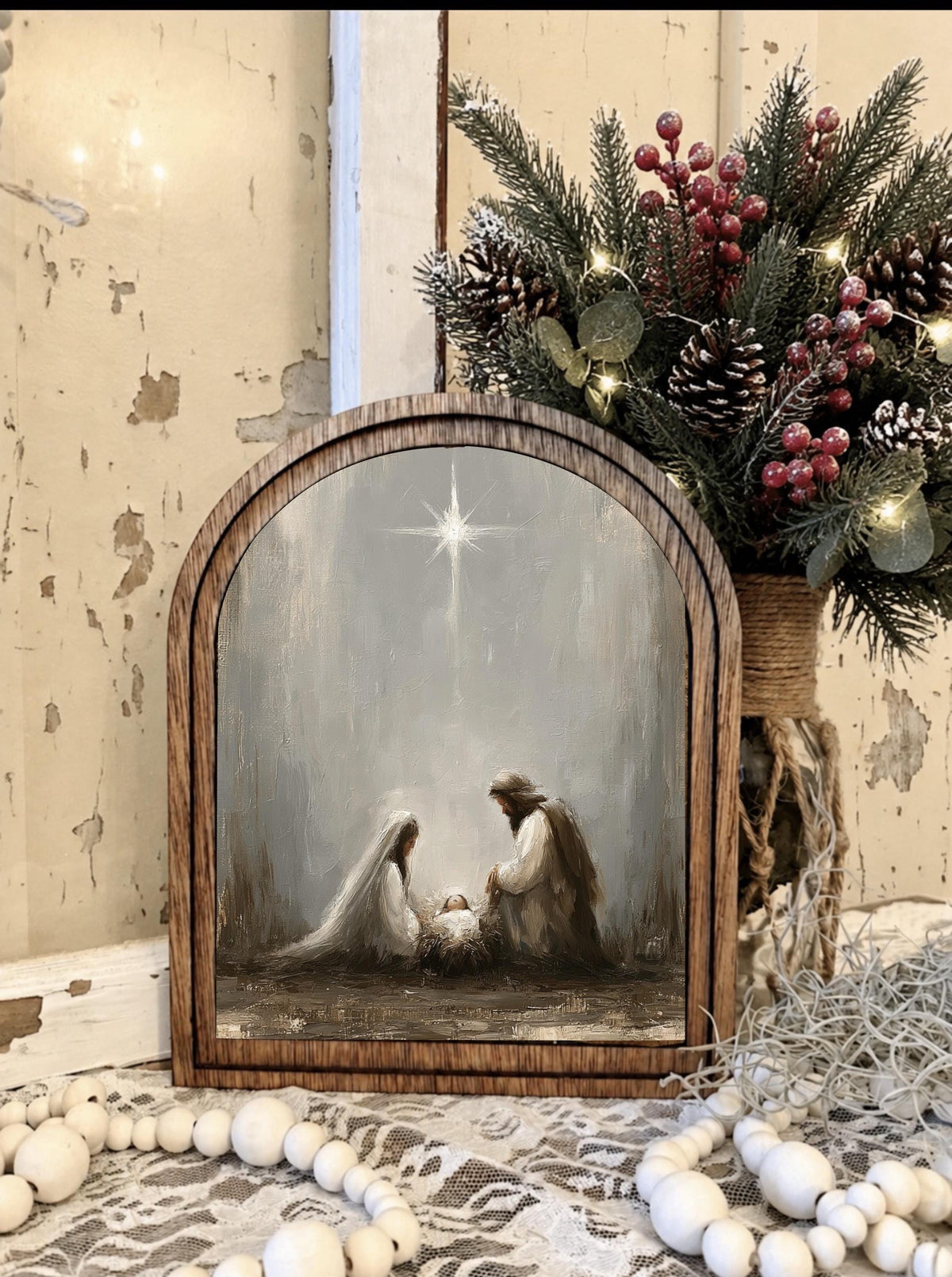 Wooden Arch Framed Nativity Winter Scene Decor | Wood Frame Canvas Art | Holiday Jesus Home Accent | Christmas Themed Wall Hanging
