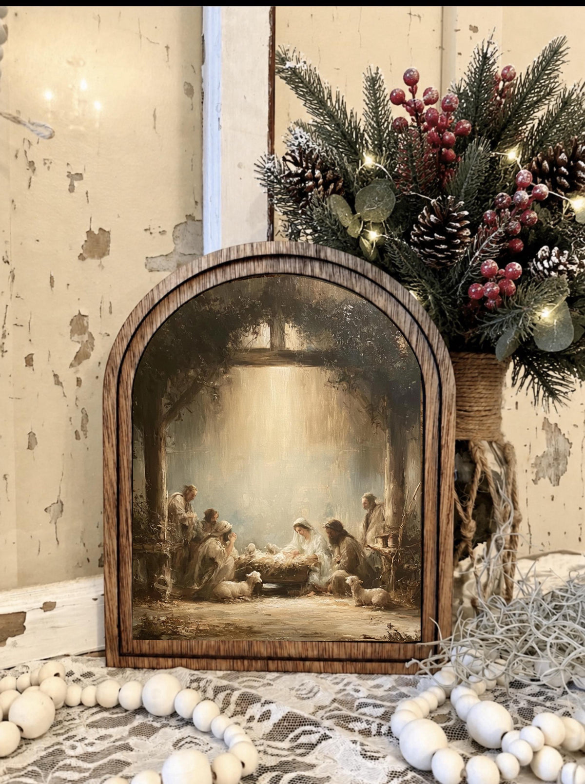 Wooden Arch Framed Nativity Winter Scene Decor | Wood Frame Canvas Art | Holiday Jesus Home Accent | Christmas Themed Wall Hanging