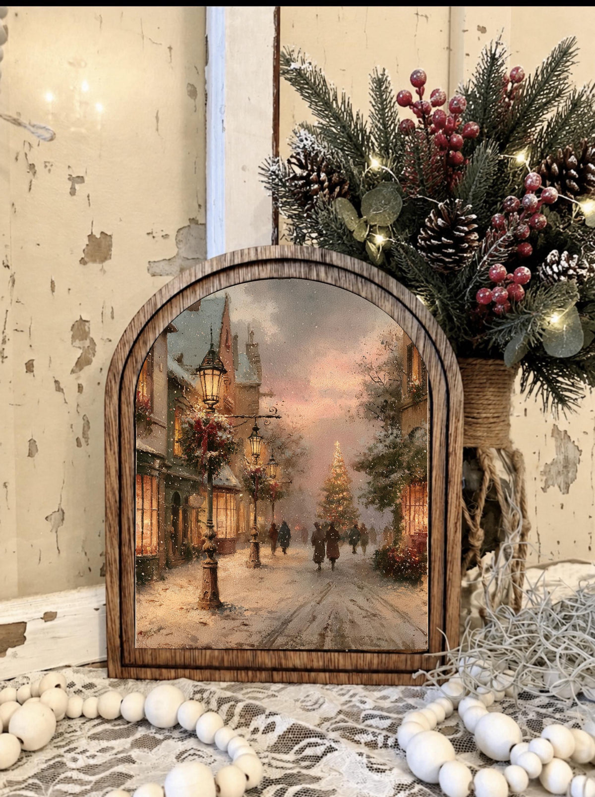 Wooden Arch Framed  Winter Scene Decor | Wood Frame Canvas Art | Holiday Home Table Top Accent | Christmas Themed Wall Hanging
