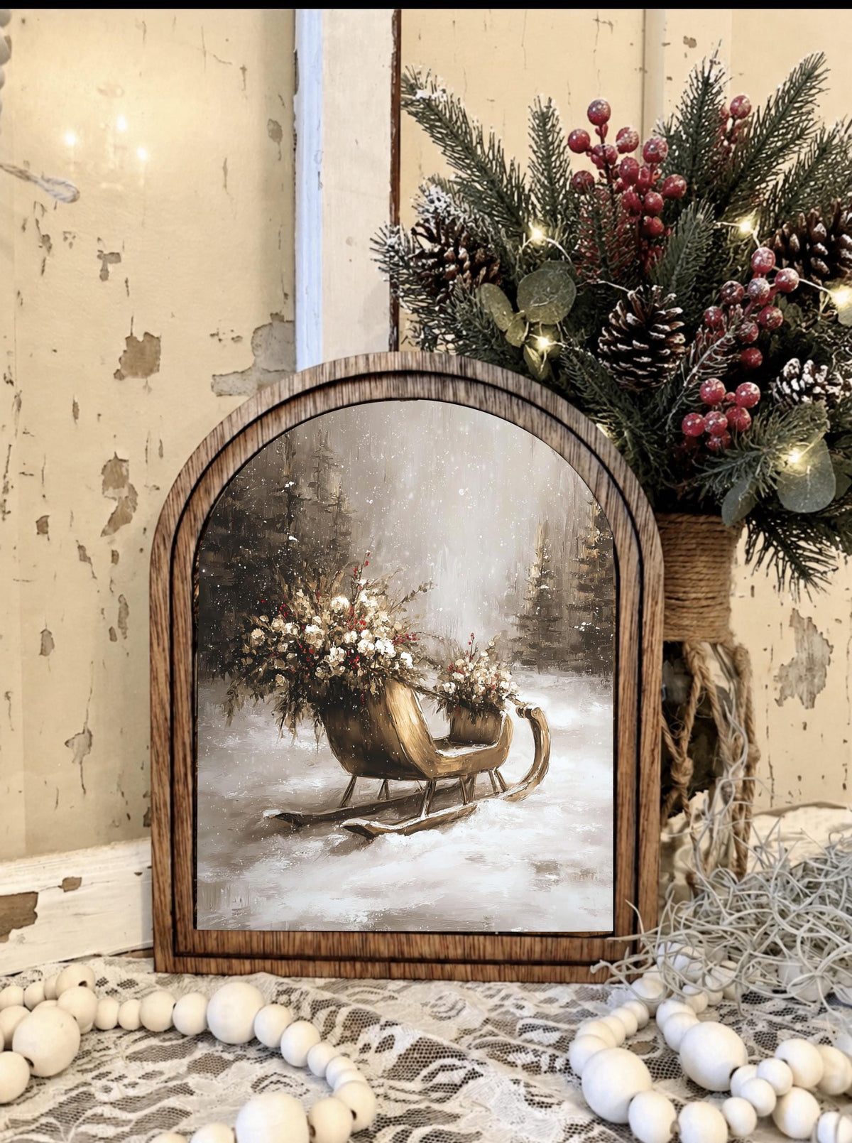 Wooden Arch Framed  Golden Winter Sleigh Decor | Wood Frame Canvas Art | Holiday Home Table Top Accent | Christmas Themed Wall Hanging