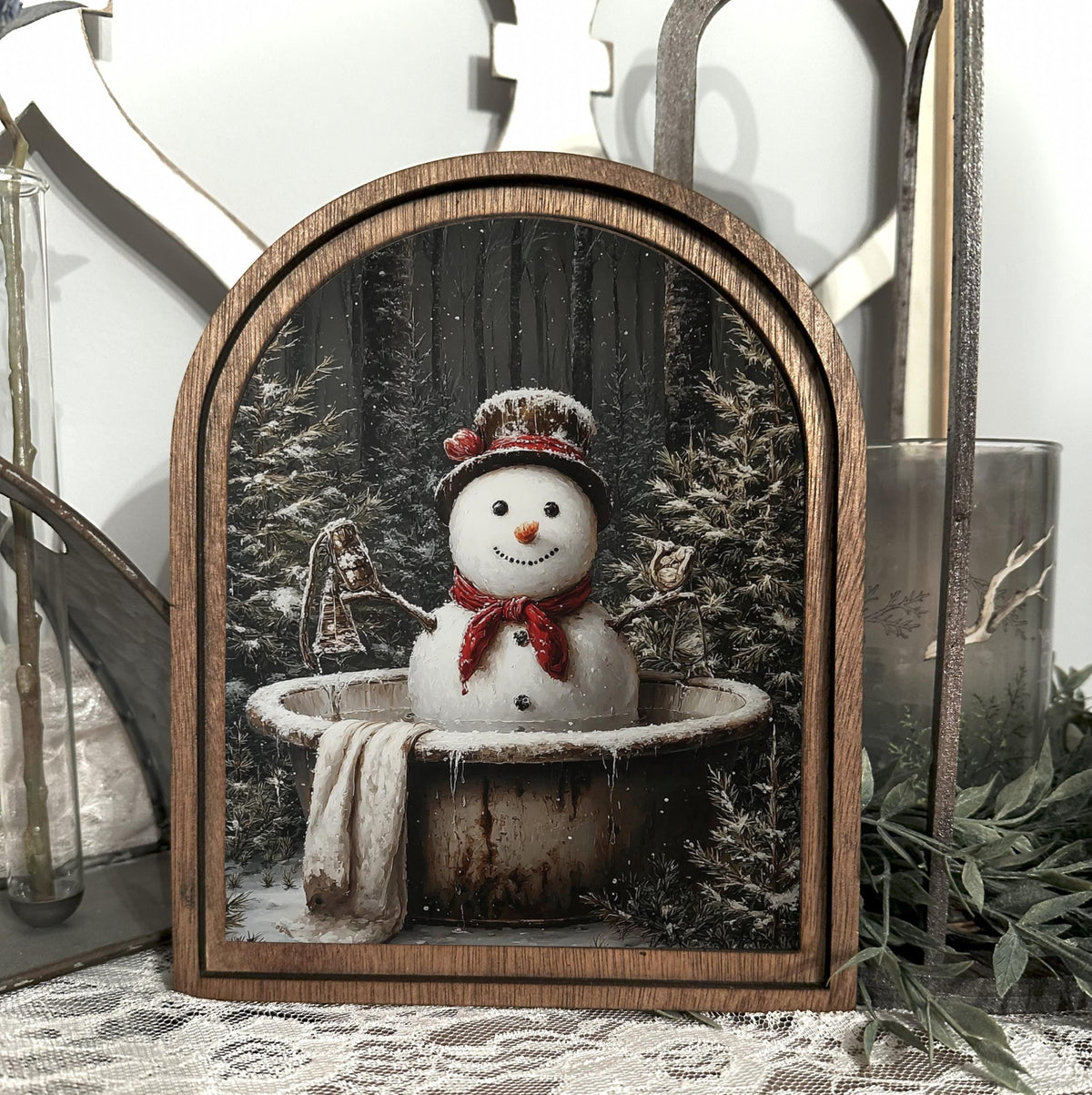 Wooden Arch Framed  Winter Snowman Bathroom Decor | Wood Frame Canvas Art | Holiday Home Table Top Accent | Christmas Themed Wall Hanging