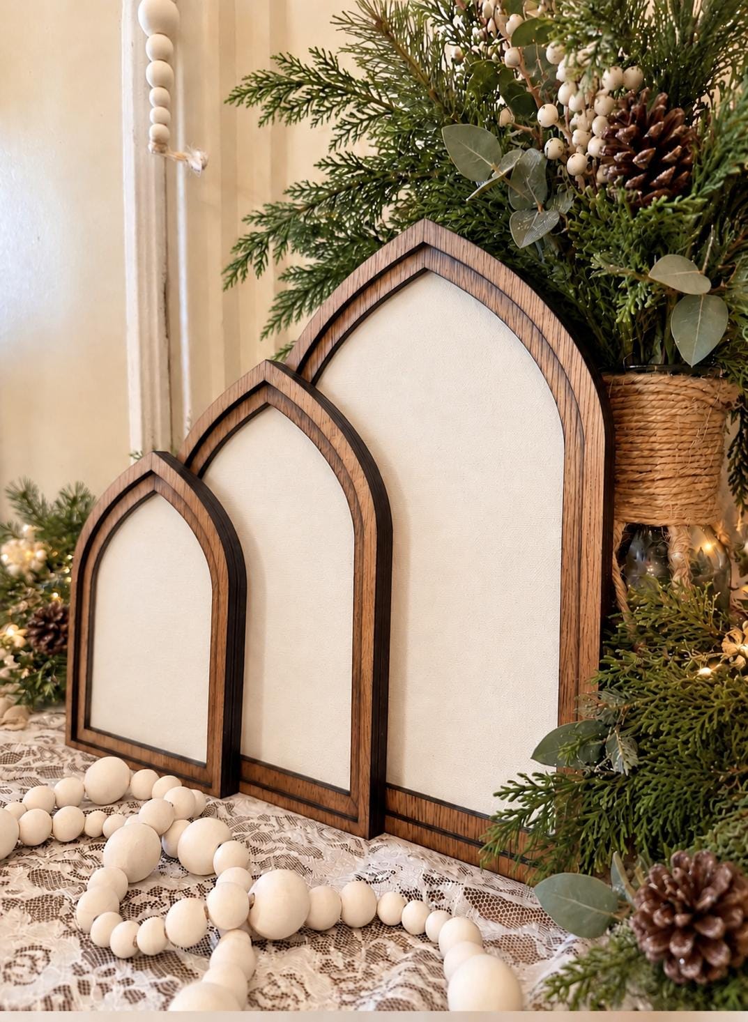 Wooden Arch Framed Magical Santa Decor | Wood Frame Canvas Art | Holiday Home Table Top Accent | Christmas Themed Wall Hanging