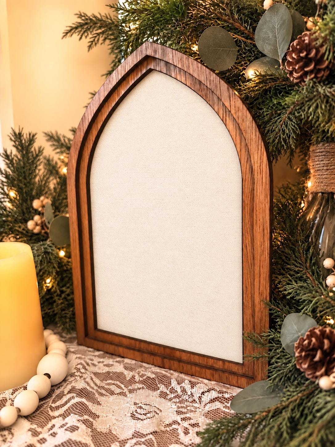 Wooden Arch Framed Magical Santa Decor | Wood Frame Canvas Art | Holiday Home Table Top Accent | Christmas Themed Wall Hanging