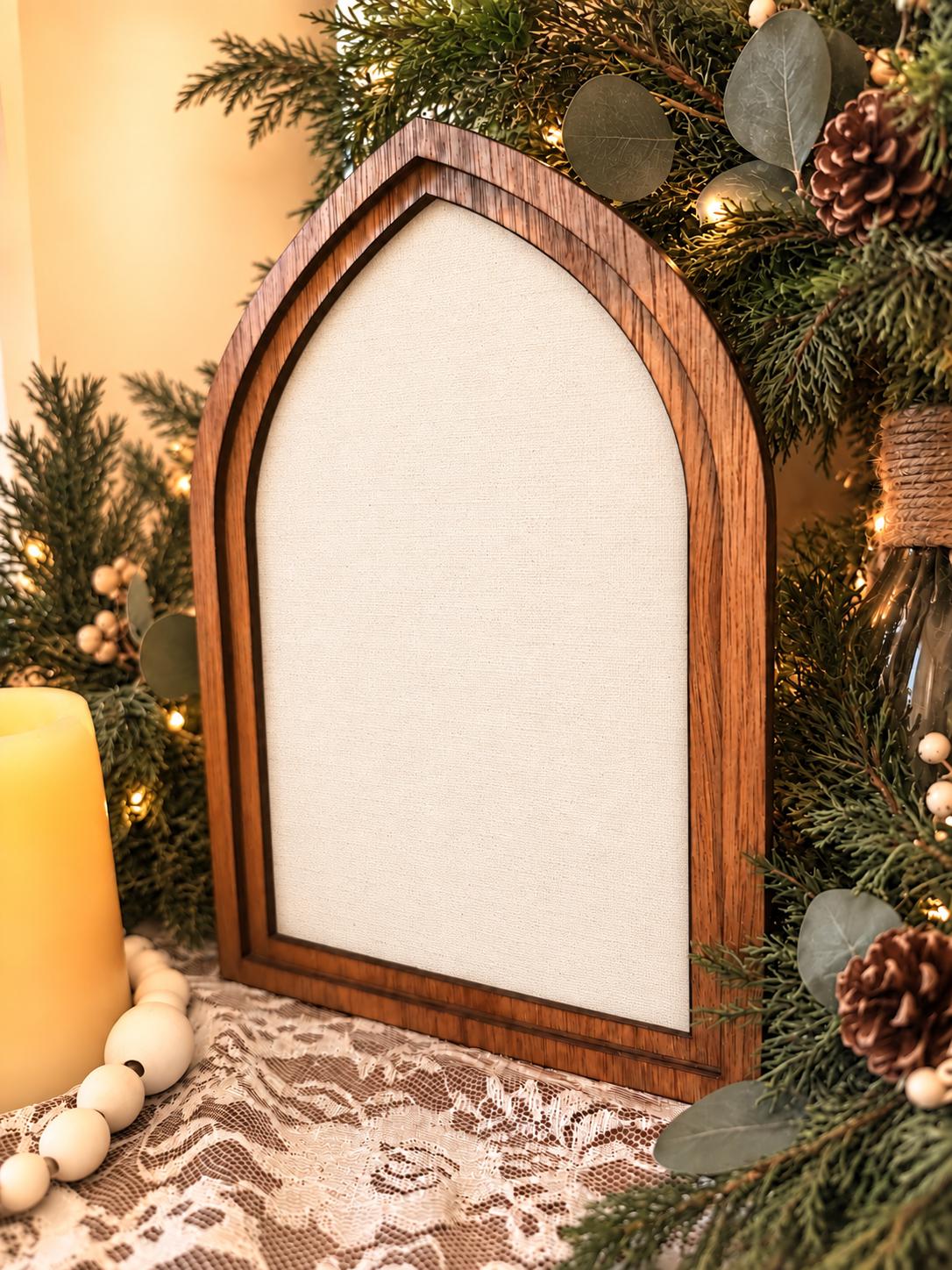 Wooden Arch Framed Whimsical Santa Decor | Wood Frame Canvas Art | Holiday Home Table Top Accent | Christmas Themed Wall Hanging