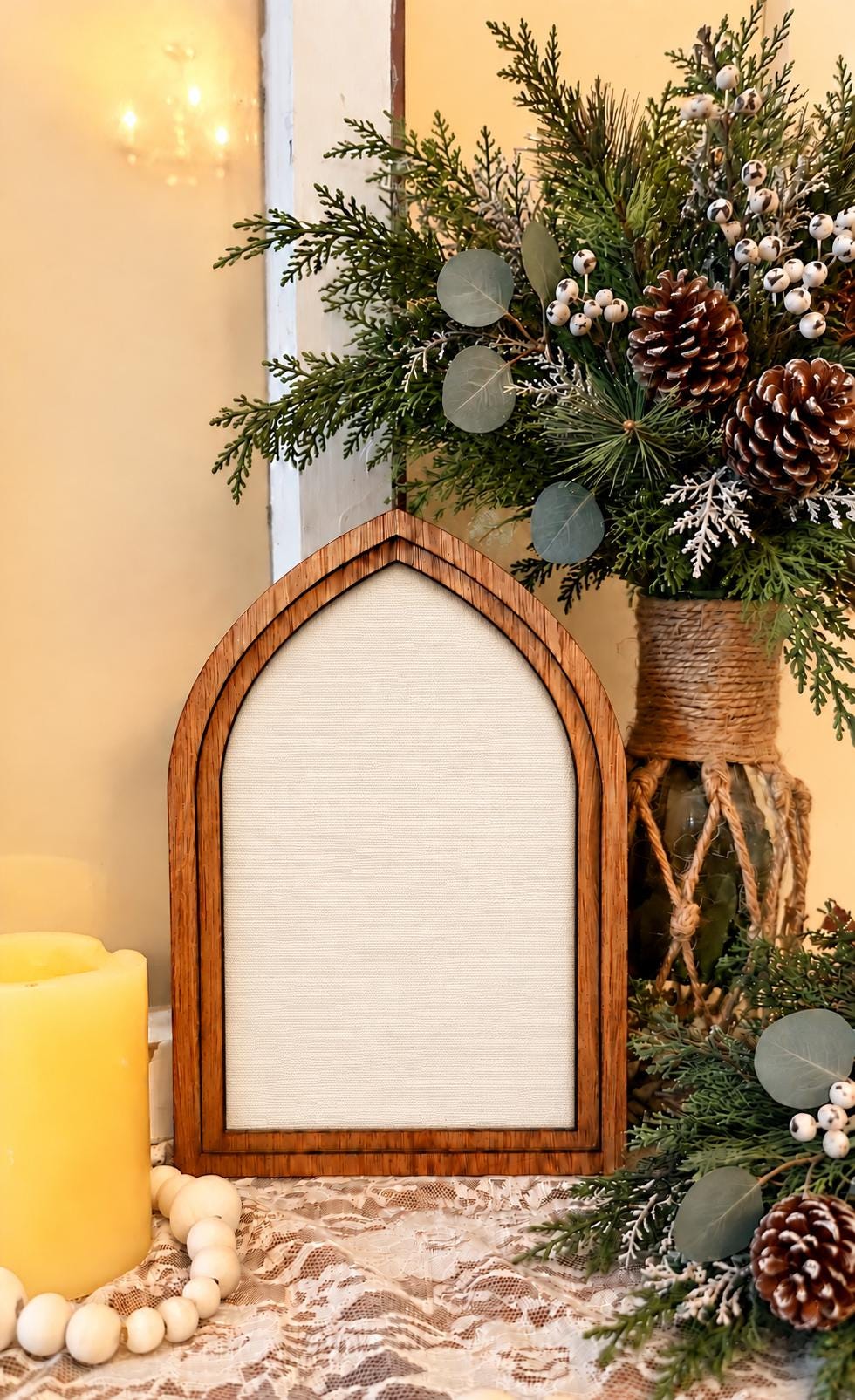 Wooden Arch Framed Magical Santa Decor | Wood Frame Canvas Art | Holiday Home Table Top Accent | Christmas Themed Wall Hanging