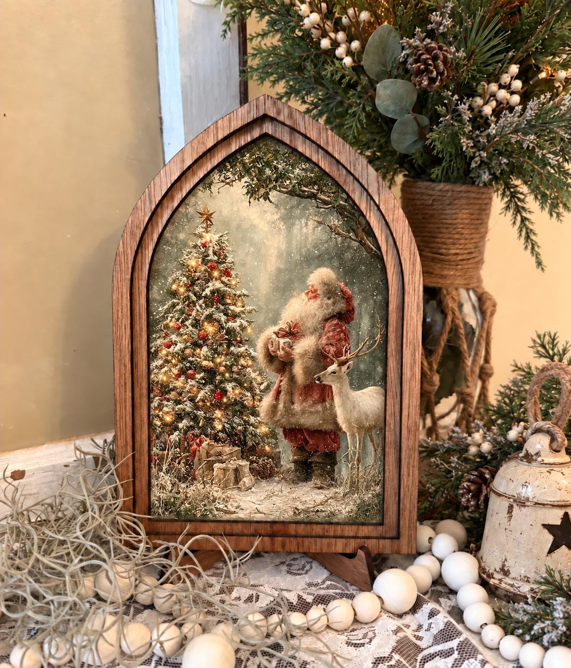 Wooden Arch Framed Whimsical Santa Decor | Wood Frame Canvas Art | Holiday Home Table Top Accent | Christmas Themed Wall Hanging
