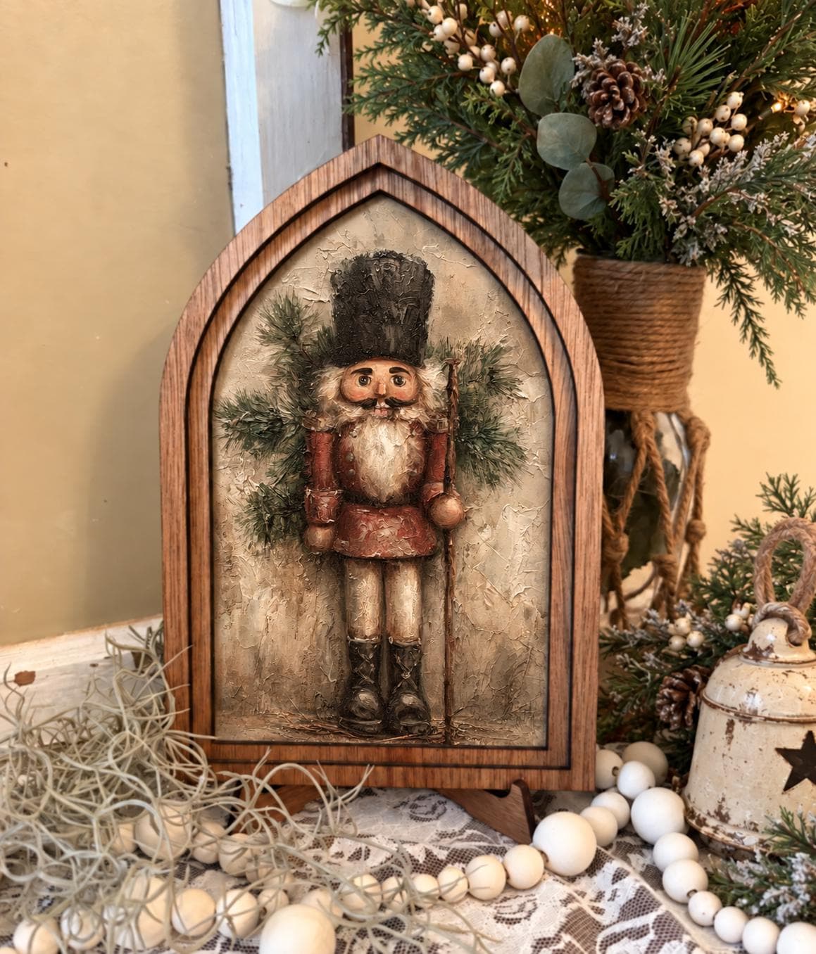 Wooden Arch Framed Winter Nutcracker Decor | Wood Frame Canvas Art | Holiday Home Table Top Accent | Christmas Themed Wall Hanging