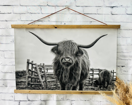 Highland cow hanging canvas black and white print