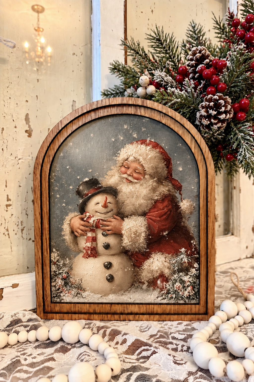 Santa and snowman Christmas arch framed canvas art in a handmade wood frame