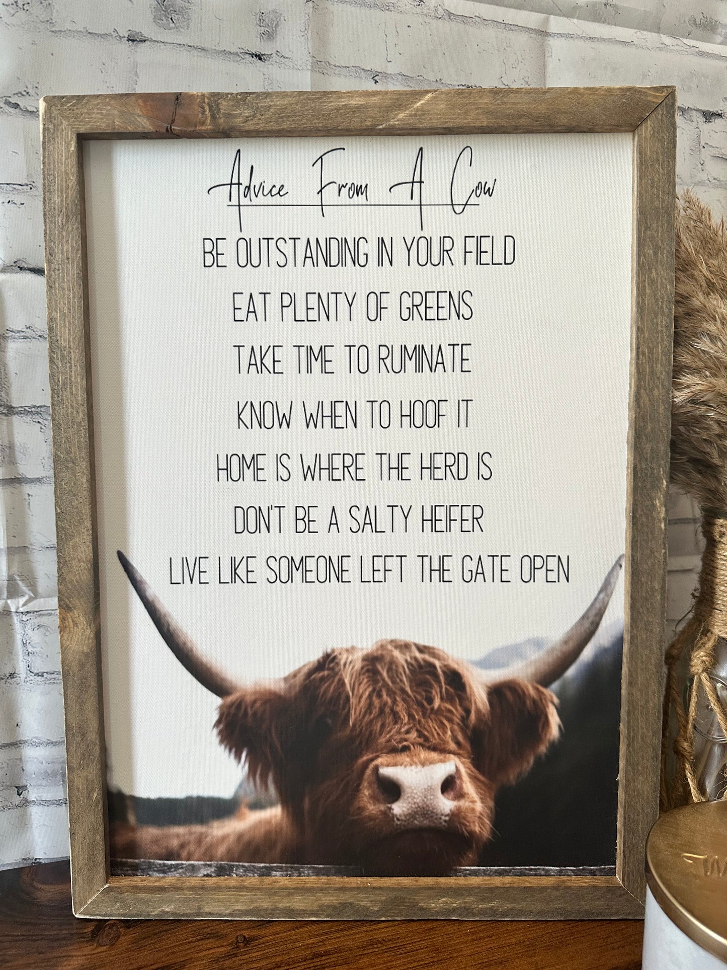 Advice from a cow framed farmhouse wood sign