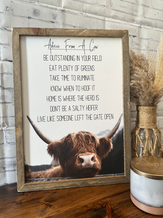 Advice from a cow framed farmhouse wood sign