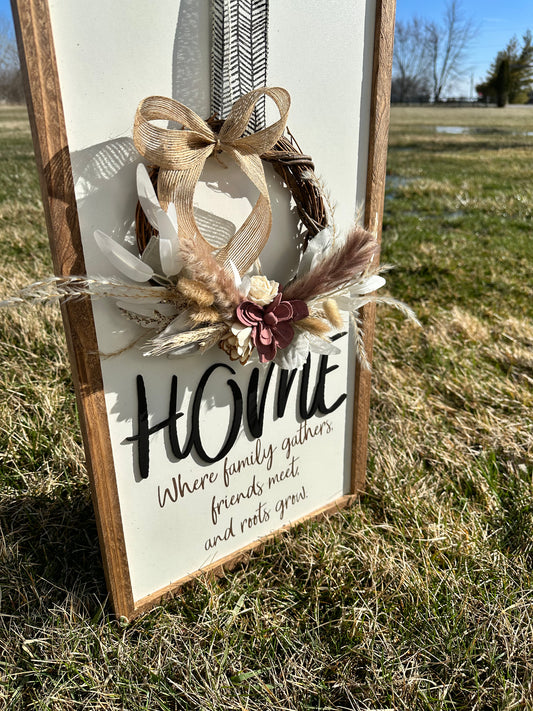 Home where family gathers friends meet and roots grow farmhouse sign